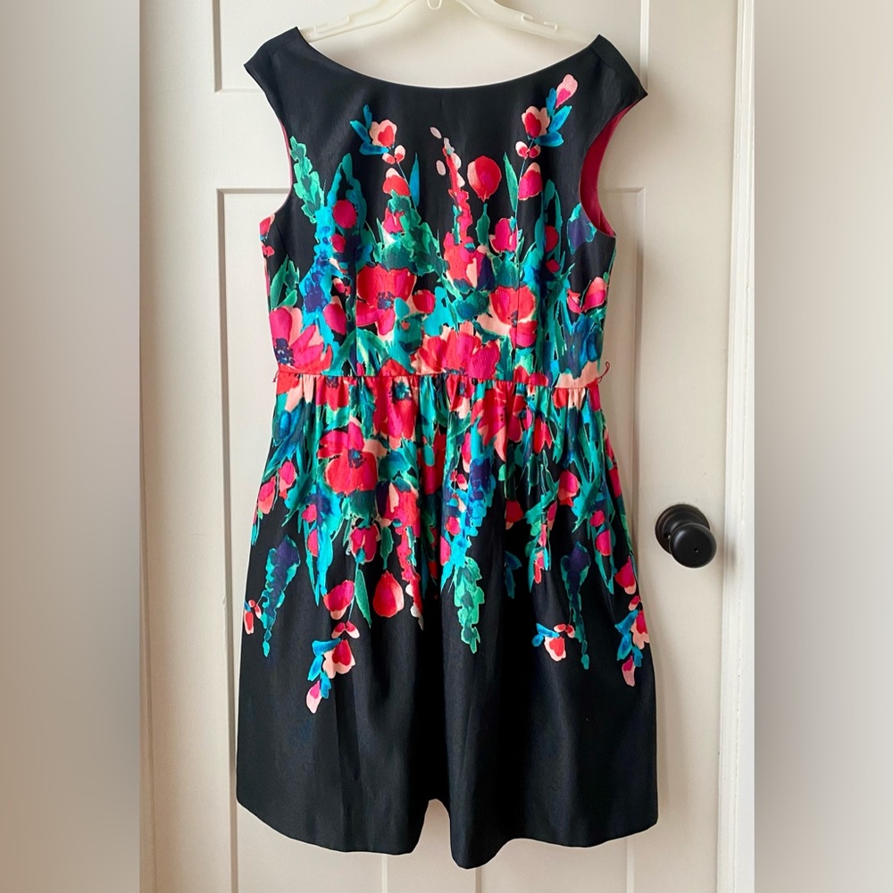 Eliza J Fit & Flare black floral party dress size 12